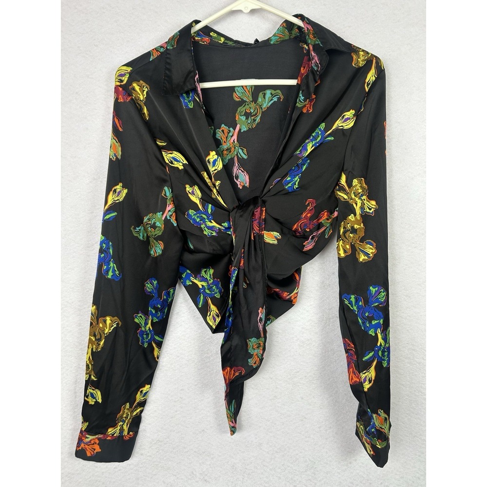 Nasty Gal Collection Floral Tie Front Crop Blouse Black Multicolor Long Sleeve 4